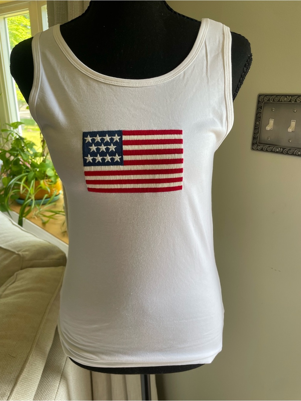 Zenana Outfitters White Tank Top with Embroidered American Flag